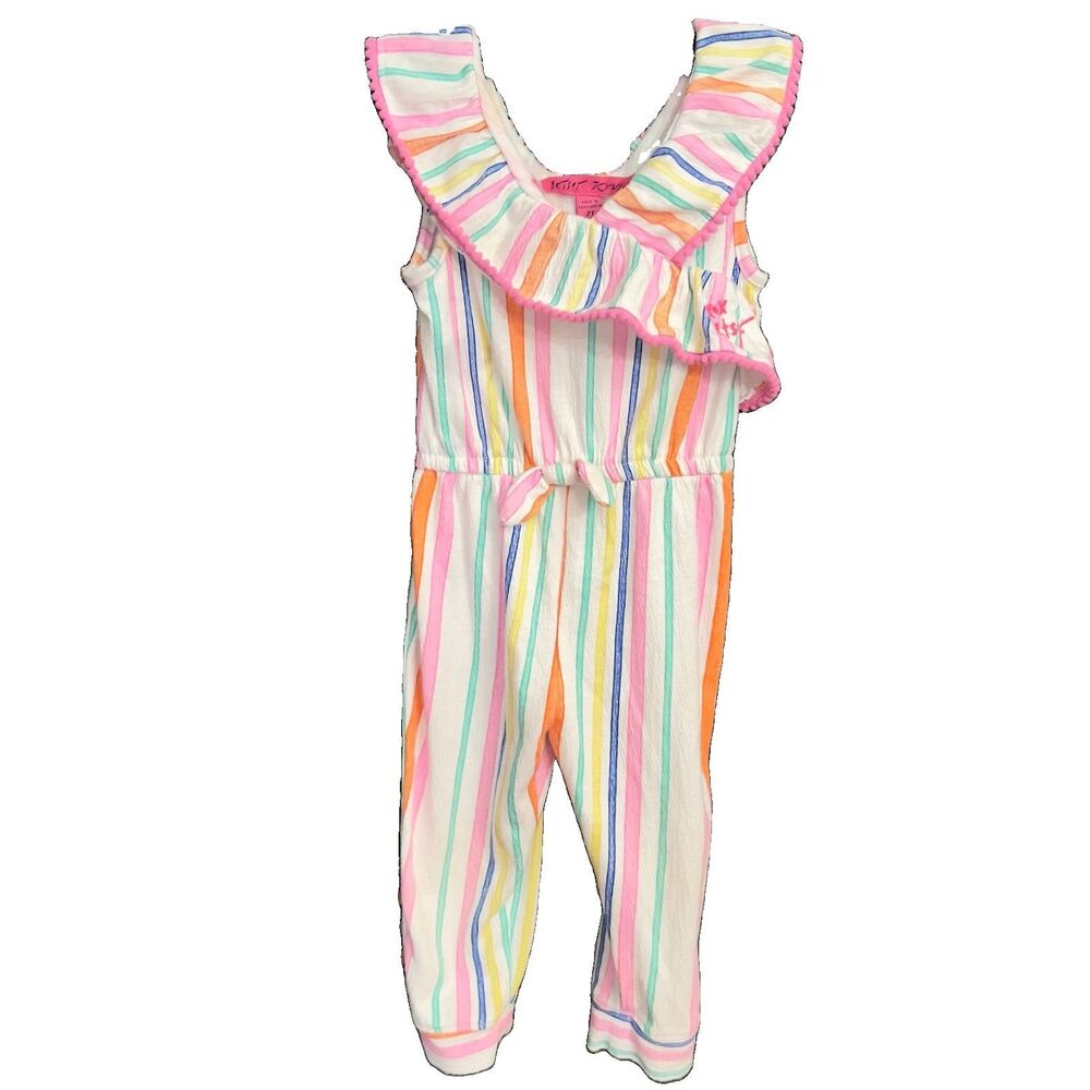 Betsey Johnson Striped Pastel Romper Jumpsuit Ruffled Shoulders Bow Girls 2T